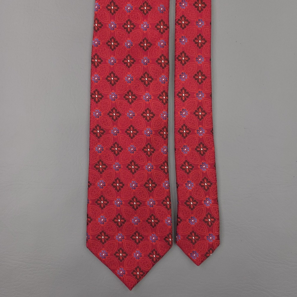 Ermenegildo Zegna Tie Mens One Size Red Silk Floral Jacquard Pattern Made Italy